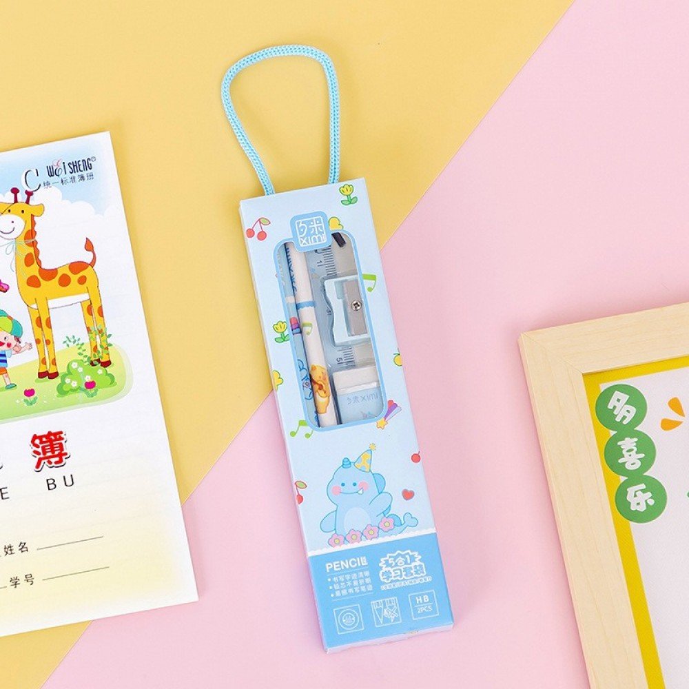 Pensil Set Kotak (isi 5 pcs) /Alat Tulis Set Dengan Karakter Lucu - dino blue